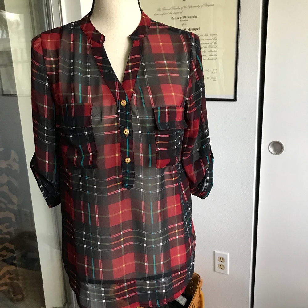 Sheer plaid blouse M